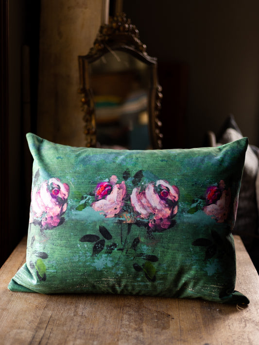 Printed Double Sided Velveteen Cushion ~ Pink Rose & Bird
