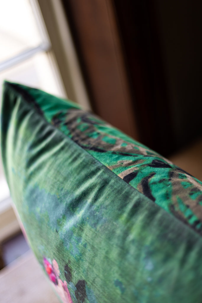 Printed Double Sided Velveteen Cushion ~ Pink Rose & Bird
