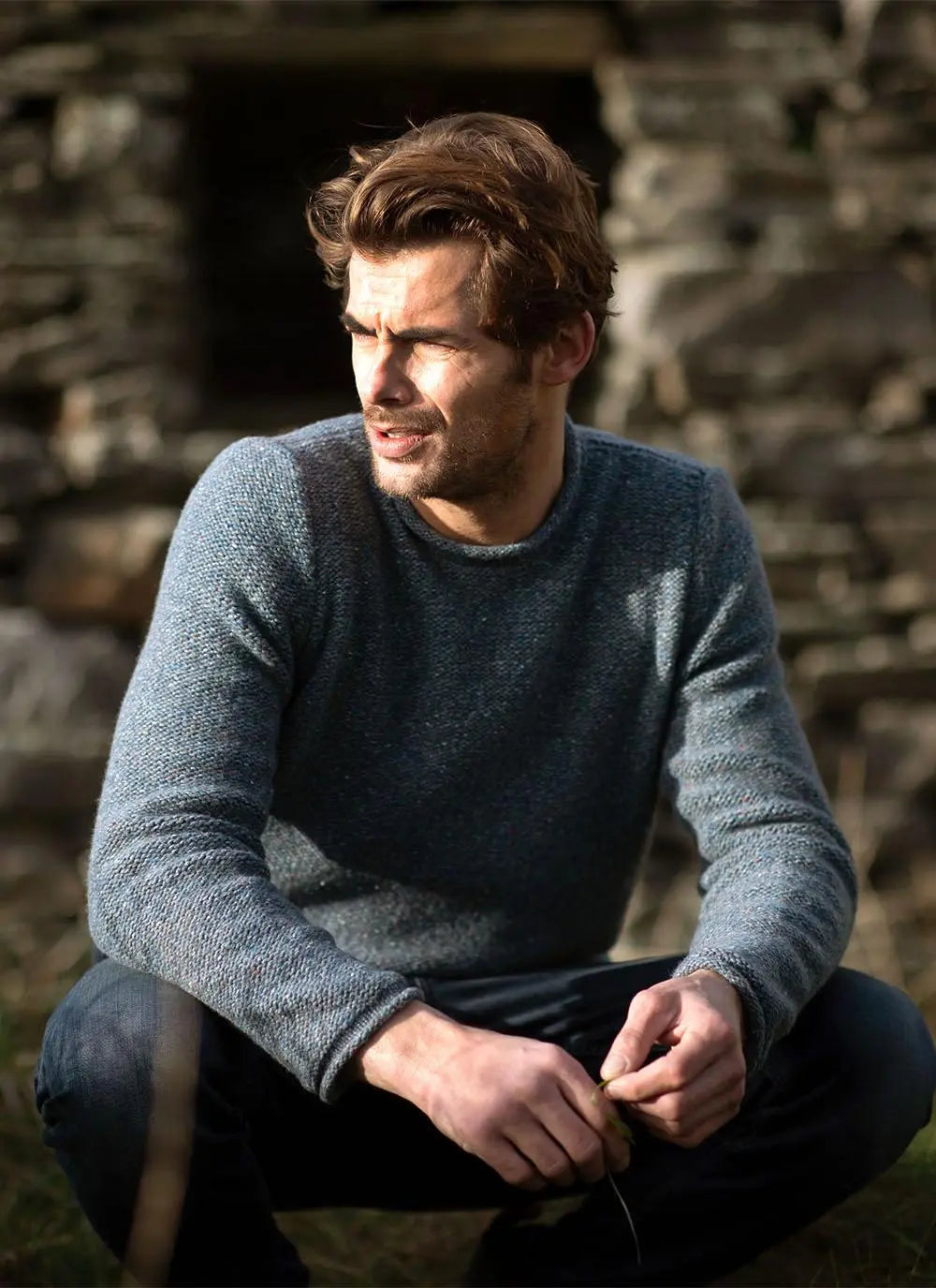 Fisherman Semi Felted Crew Neck Jumper with Rolled Edges