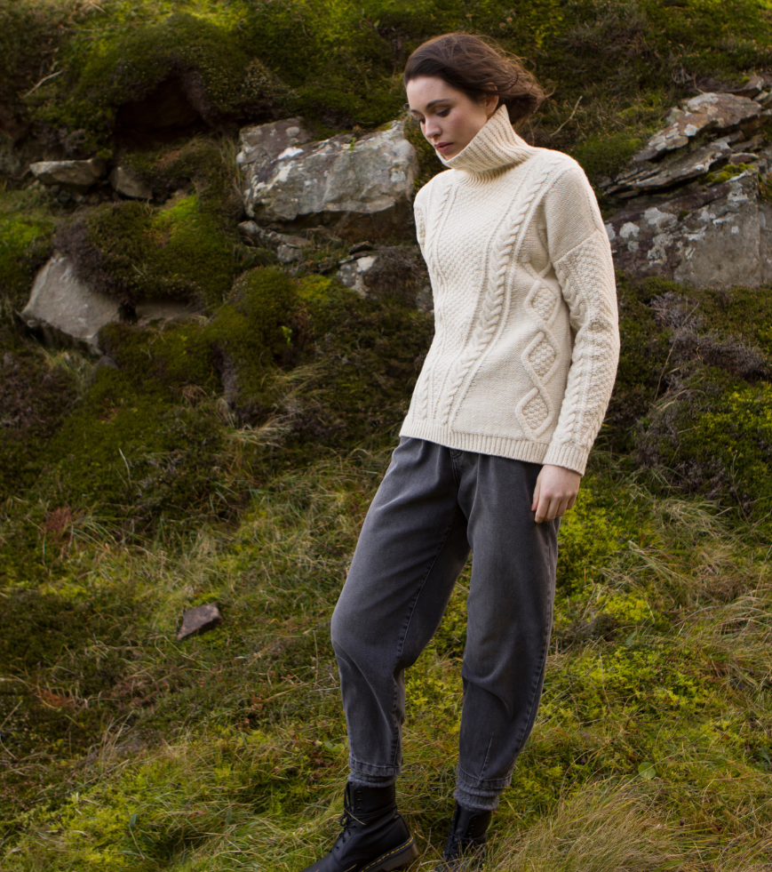 Fisherman Out of Ireland ~ Ladies Aran Roll Neck Cable Sweater