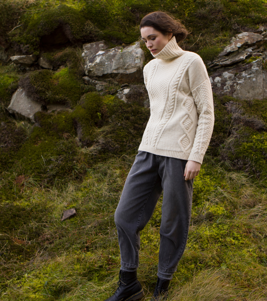 Fisherman Out of Ireland ~ Ladies Aran Roll Neck Cable Sweater