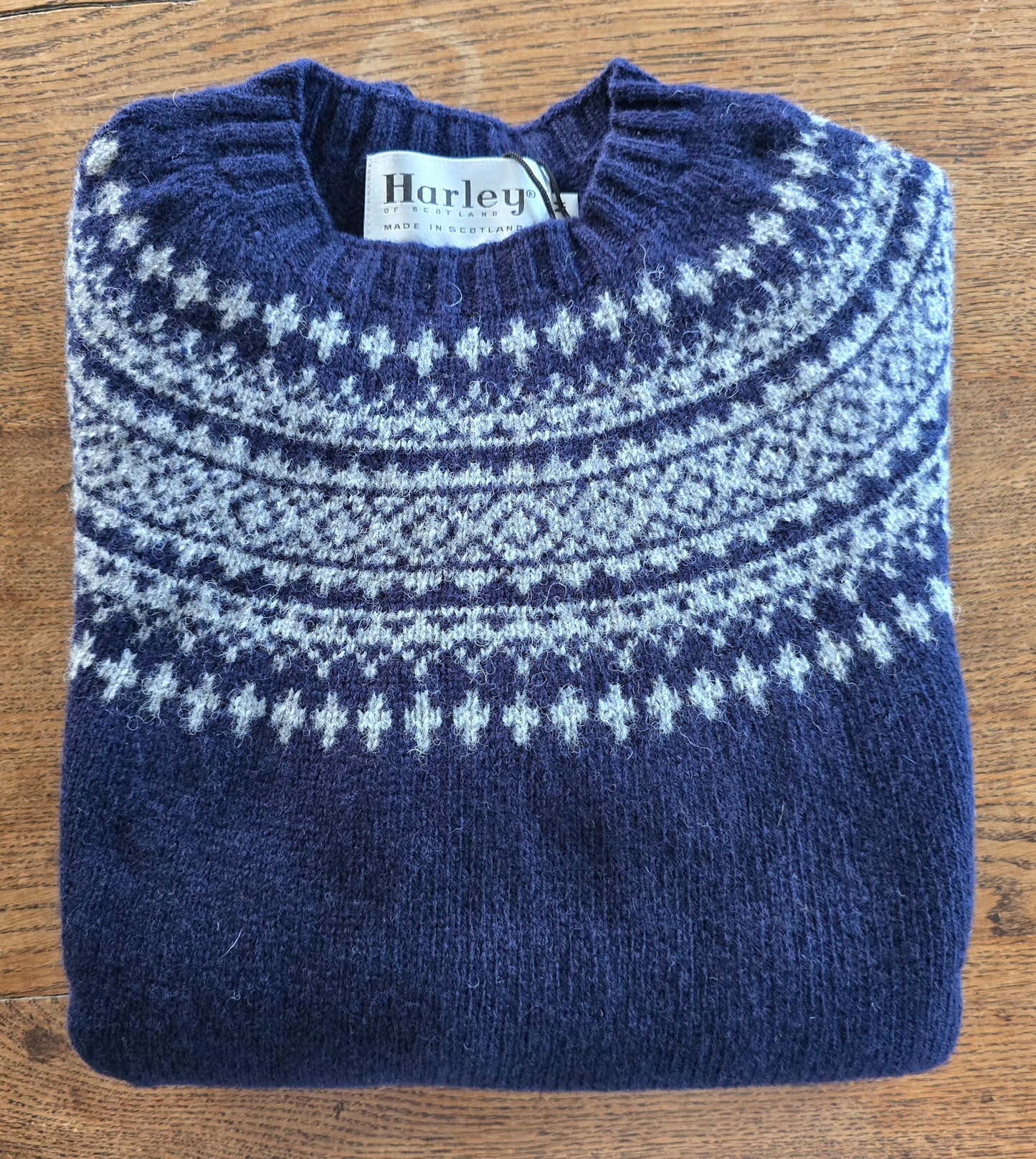 Harley of Scotland Mens Two Tone Fairisle Wool Crew Neck Jumper