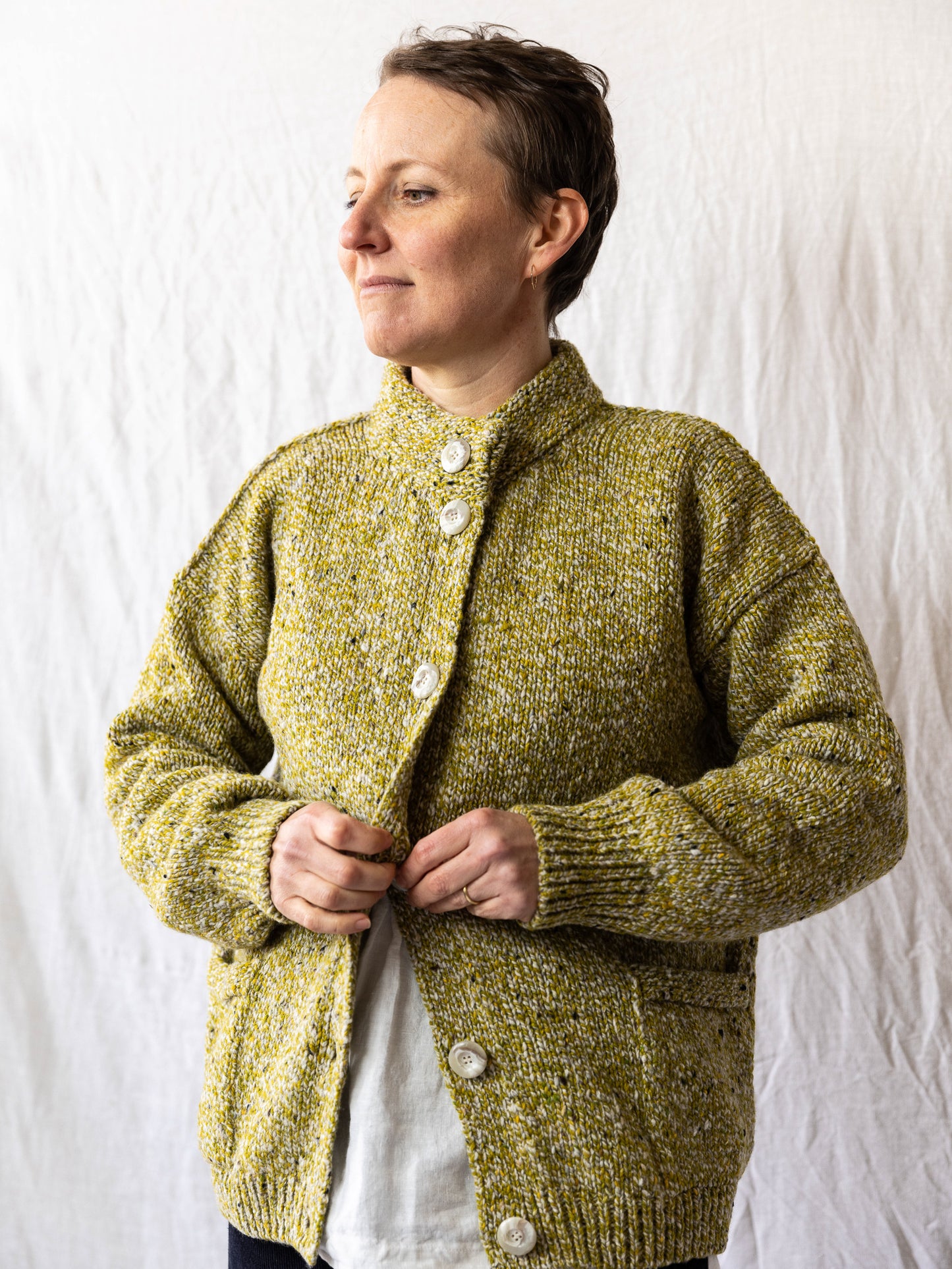 Fisherman ~Ladies Donegal Crew Neck Cardigan w/ Patch Pockets