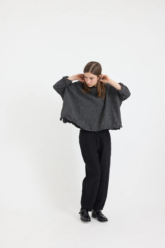 Metta Sailor Boxy Top ~ Light Linen Black and White Ticking Stripe