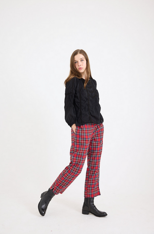 Metta Lexi Capri Slim Pant Red Tartan Brushed Cotton