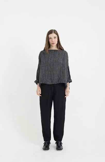Metta Sailor Boxy Top ~ Light Linen Black and White Ticking Stripe