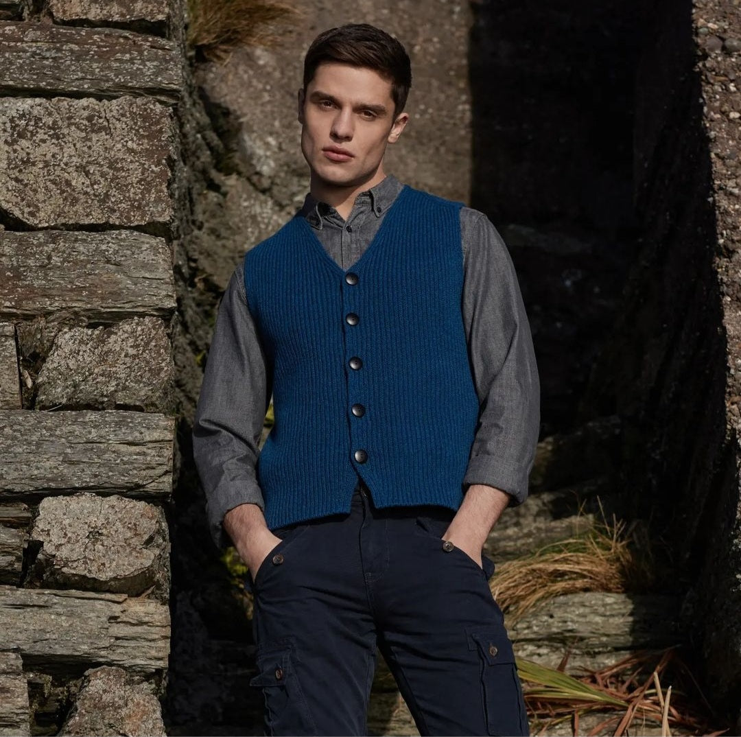 Fisherman Wool Rib Vest with Buttons