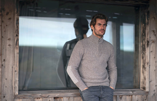 Fisherman Out of Ireland ~ Mens Seed Stitch Zip Neck Jumper with Elbow Patches