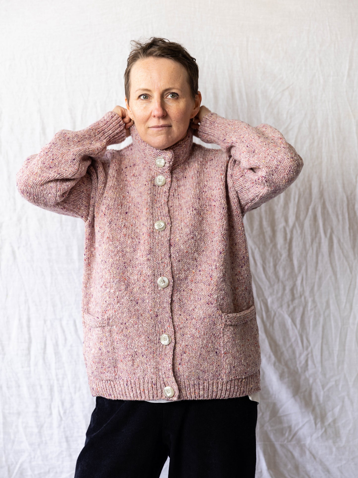Fisherman ~Ladies Donegal Crew Neck Cardigan w/ Patch Pockets