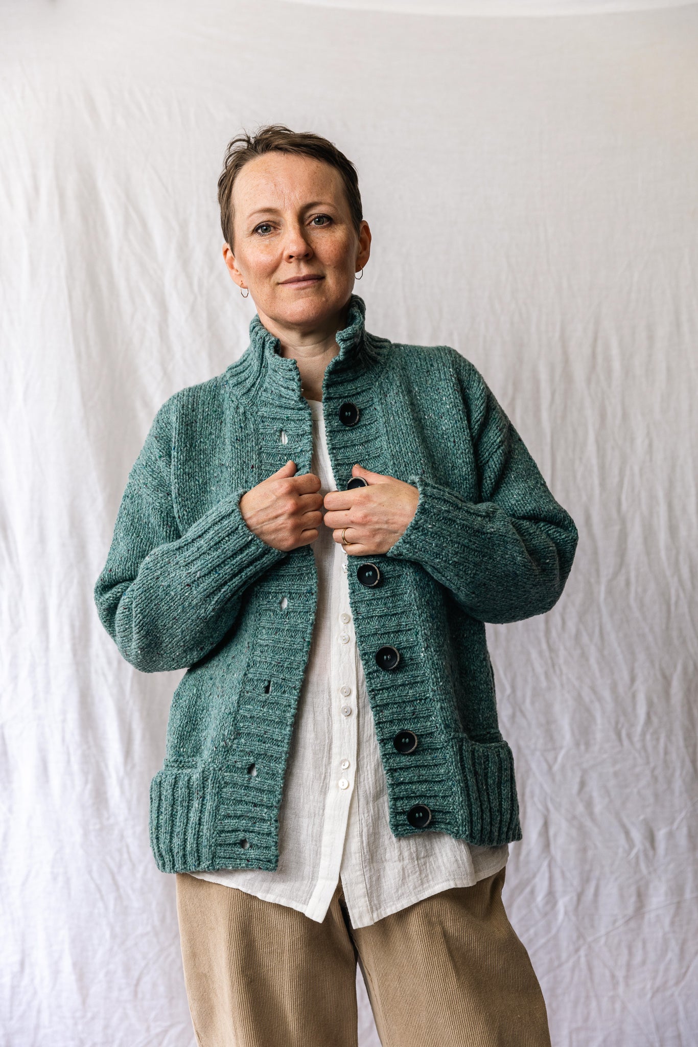 Fisherman Ladies Ribbed Neck Cardigan