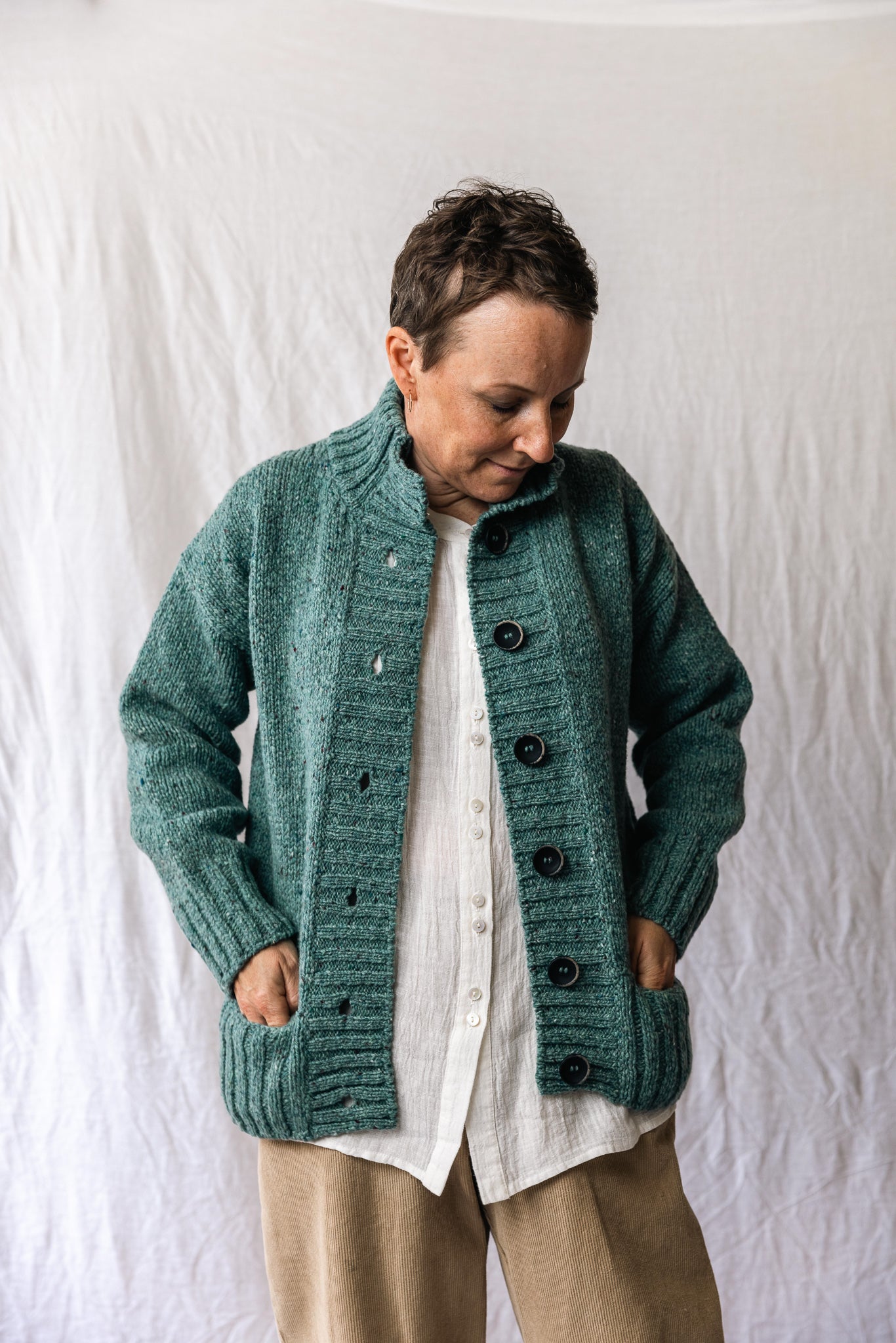 Fisherman Ladies Ribbed Neck Cardigan