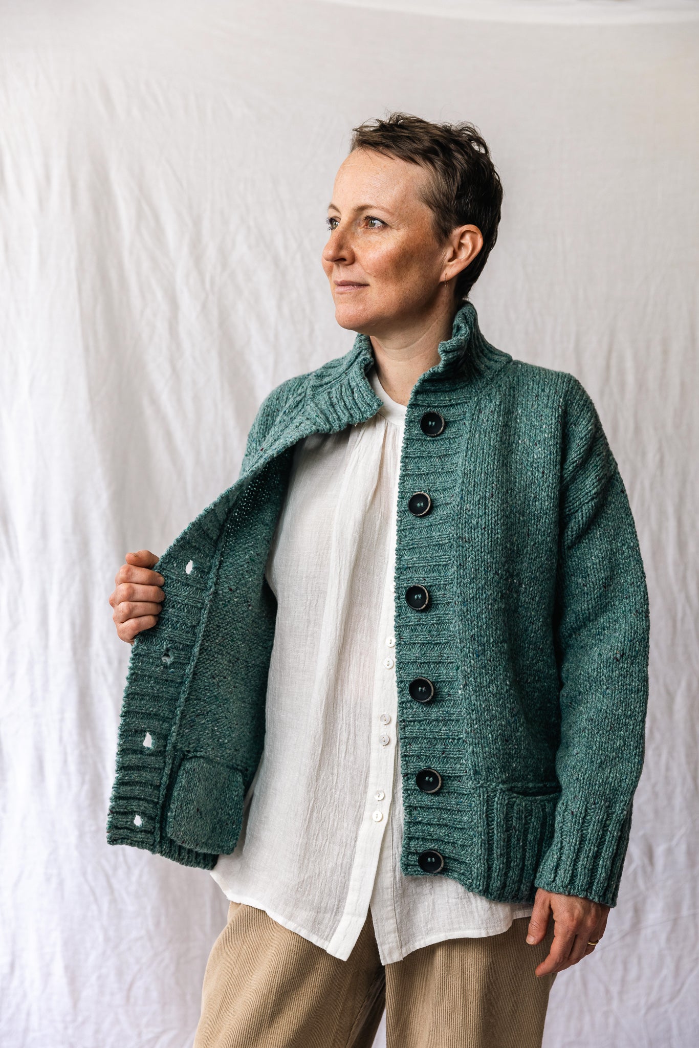 Fisherman Ladies Ribbed Neck Cardigan
