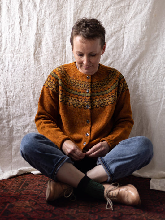 Harley of Scotland ~ Ladies Supersoft Shetland Vintage Orange Fairisle Cardi