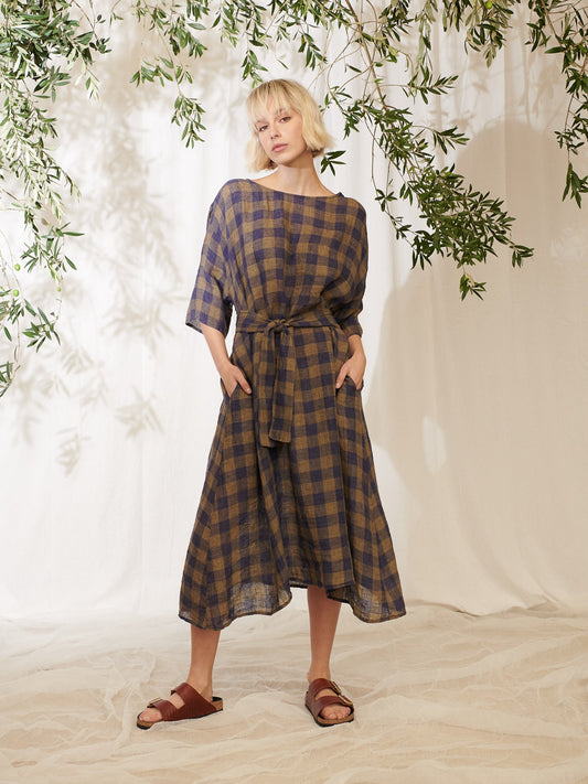 Manteau Noir ~ Ava Boat Neck Linen Check Gauze Dress