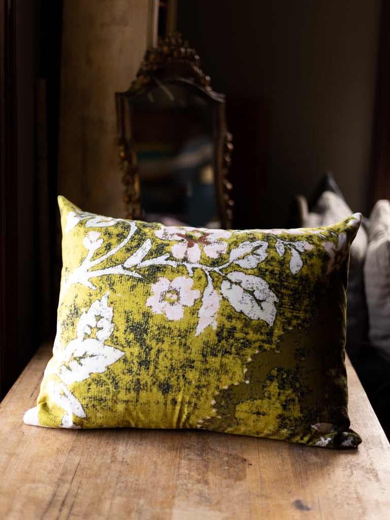 Printed Double Sided Velveteen Cushion ~ Cherry Blossom Green