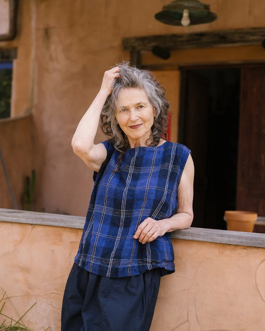 Metta ~ Anna Linen Top Blue Tartan Check