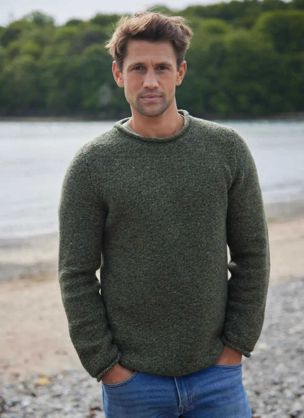 Fisherman Semi Felted Crew Neck Jumper with Rolled Edges