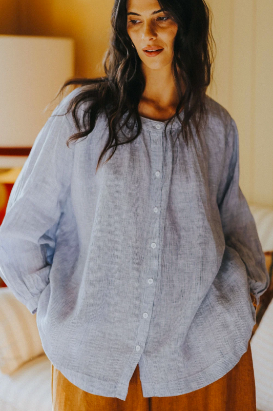 Montaigne ~ Carmen Patterned & Striped Linen Top