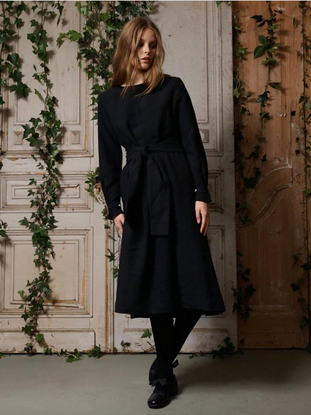 Manteau Noir Lisette Frill Sleeve Linen Sash Dress
